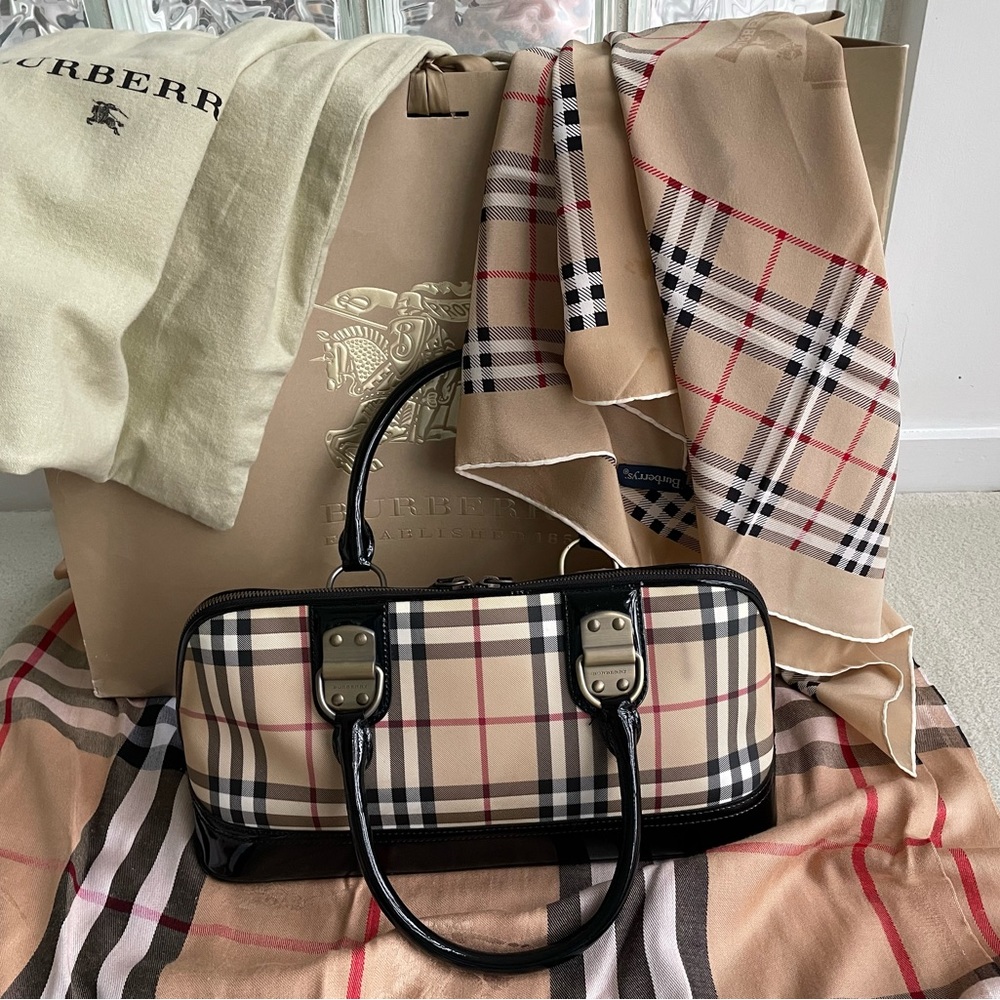 Authentic burberry classic nova check bag with black patent leather